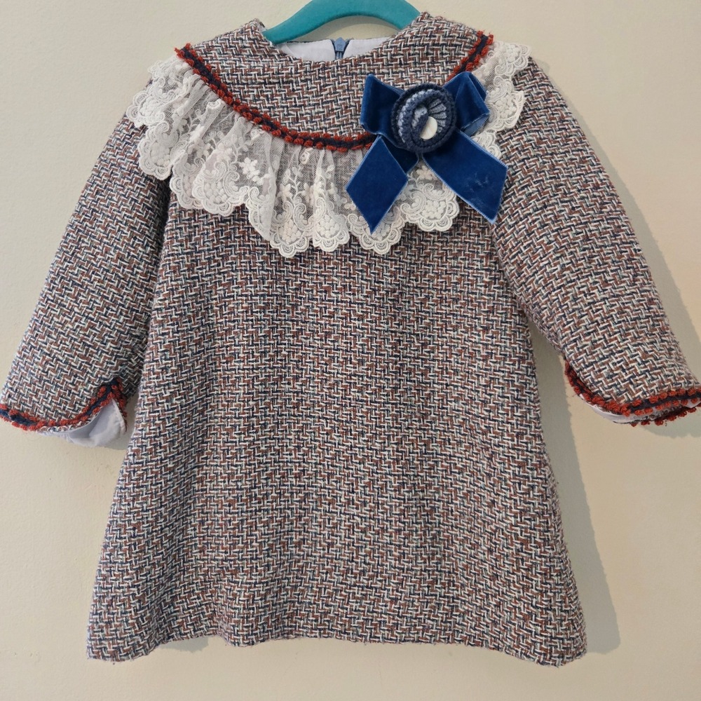 Foque Girls Tweed A-Line Dress Blue Orange Lace Collar Velvet Bow Size 3T